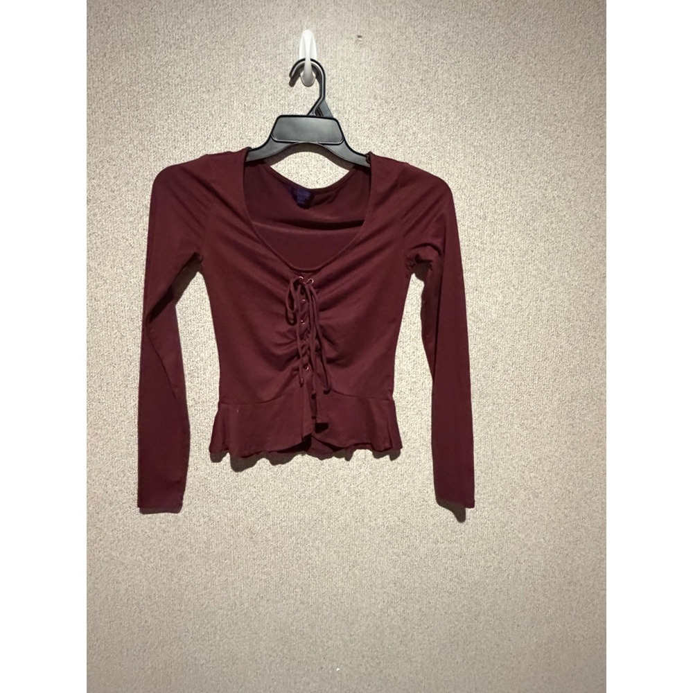 Aeropostale Burgundy Lace Up Peplum Long Sleeve Top Women's Size Small